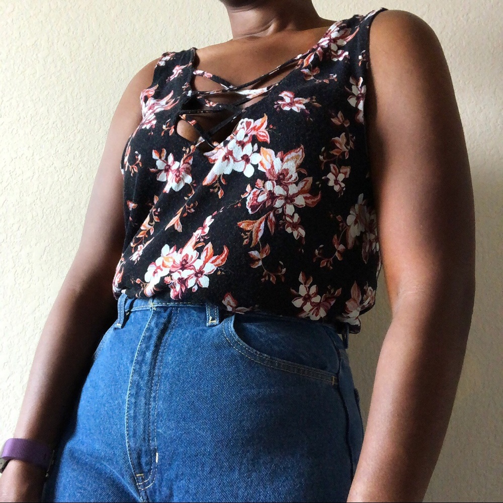 black floral sleeveless top